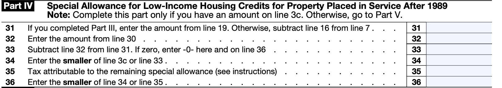 Part IV, special allowance for low-income housing credits for property placed in service after 1989