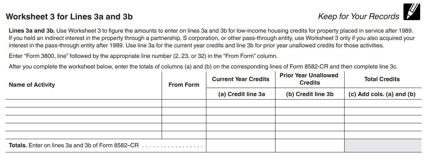 irs form 8582-cr, worksheet 3