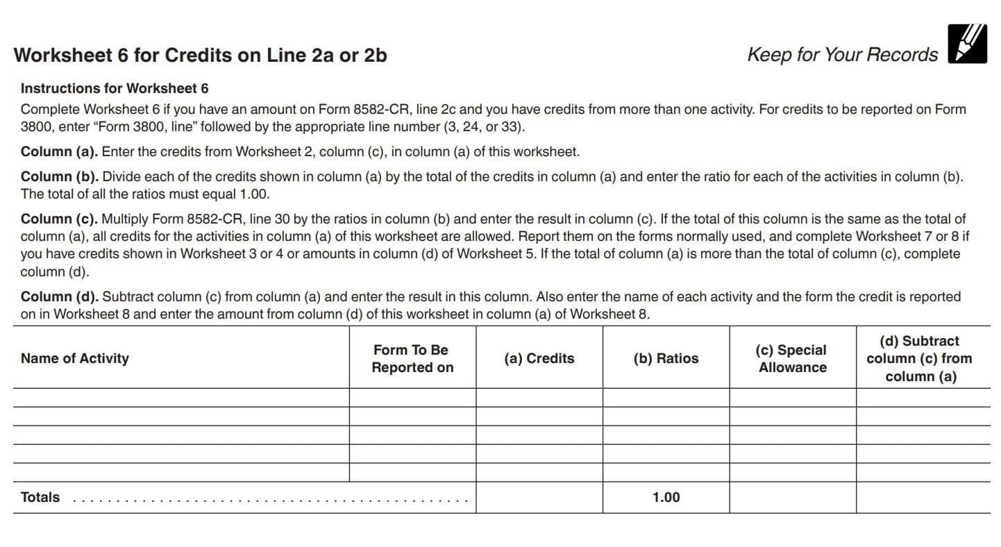 irs form 8582-cr, worksheet 6