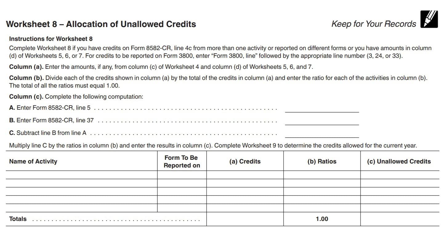 irs form 8582-cr, worksheet 8