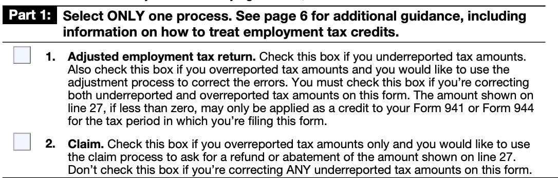 irs form 941-x part 1, select only one process