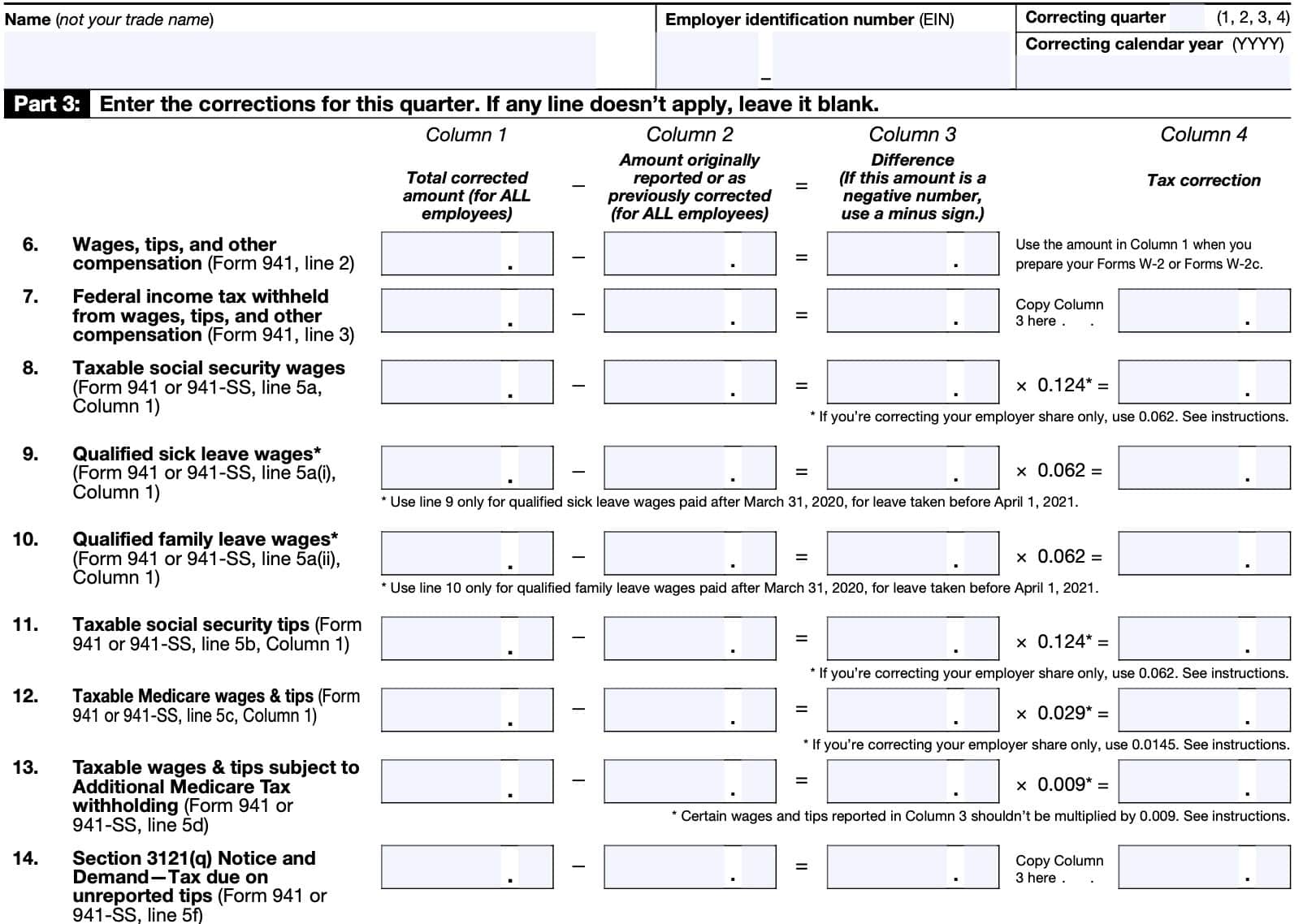irs form 941-x, part 3, lines 6-14