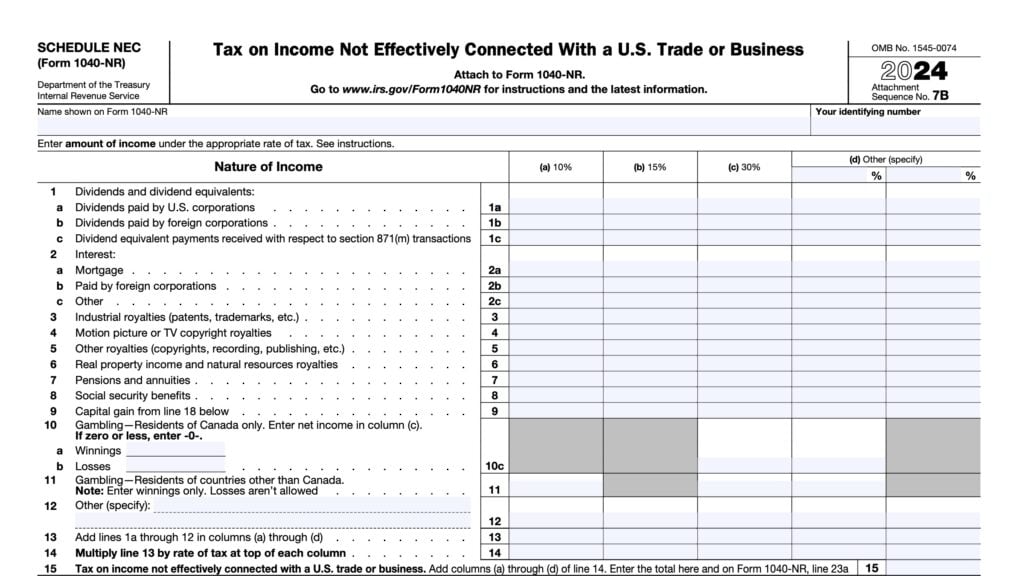 IRS Schedule NEC (Form 1040-NR), Tax on Income Not Effectively Connected With a U.S. Trade or Business