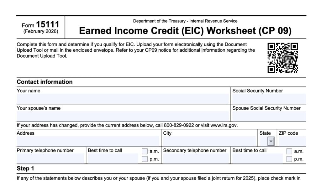 irs form 15111, earned income credit (EIC) worksheet (CP 09)