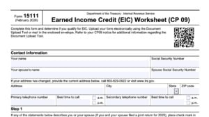 irs form 15111, earned income credit (EIC) worksheet (CP 09)