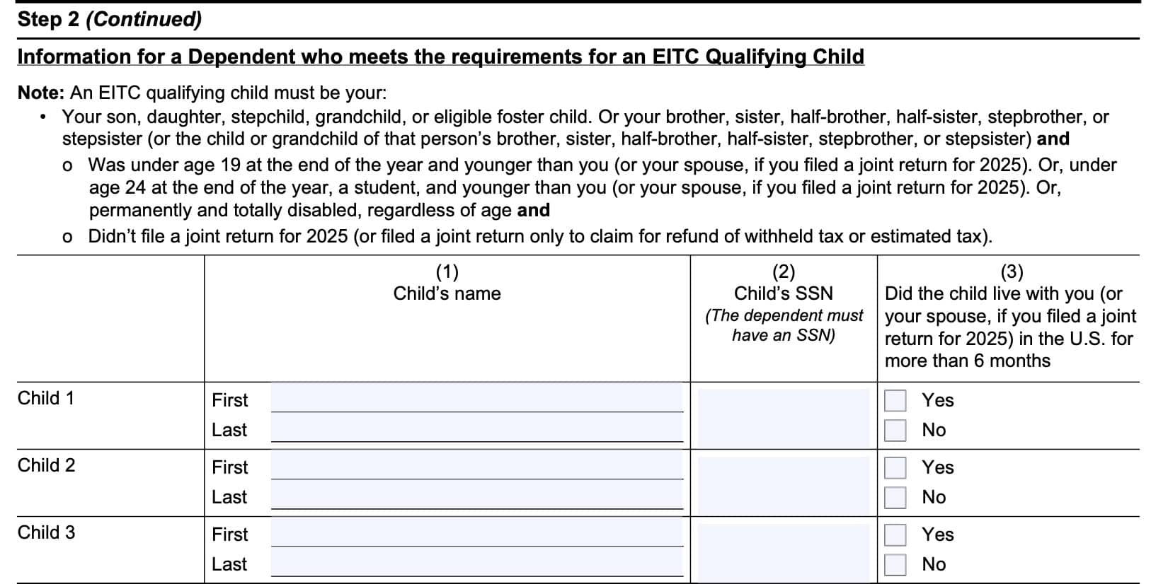 Step 2 contains information about the qualifying child(ren)