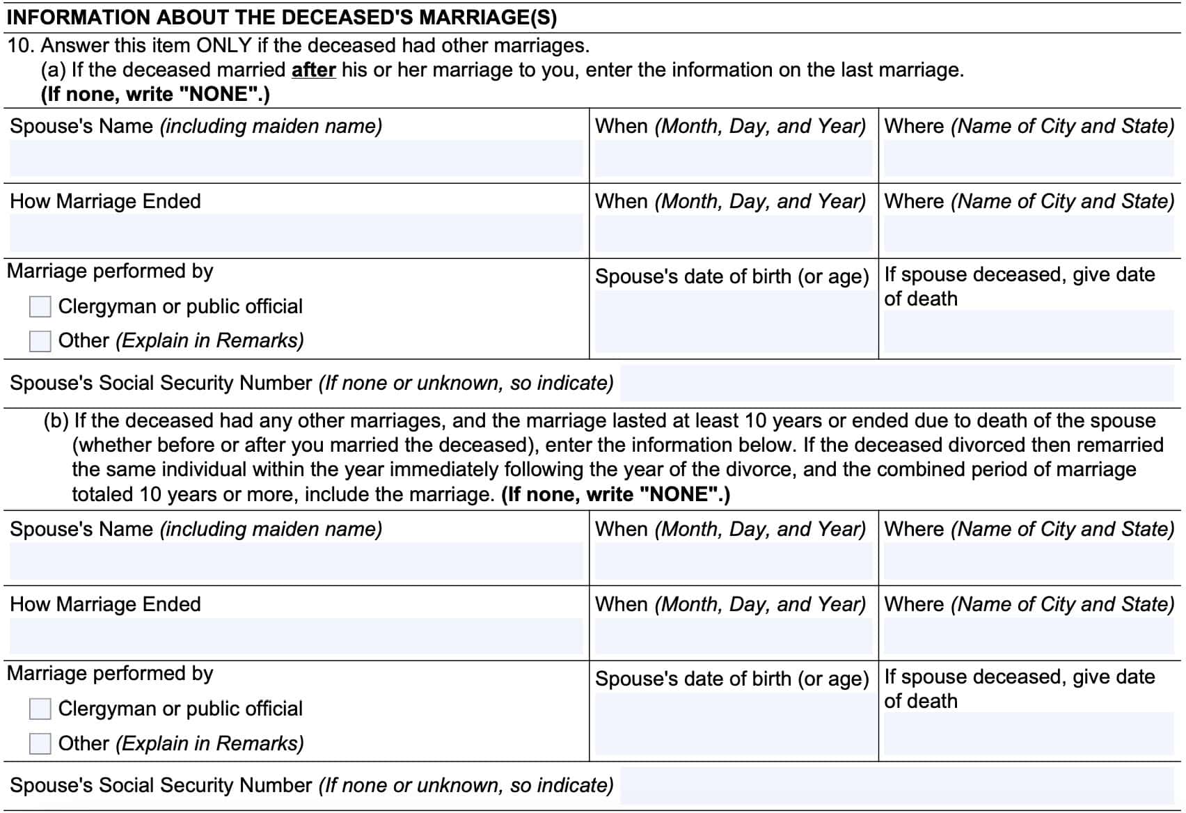Line 10 includes information about the decedent's other marriages, if applicable