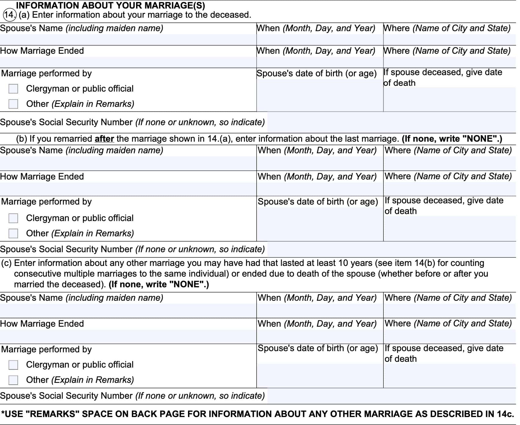 form ssa 10, line 14 contains applicant's marriage information
