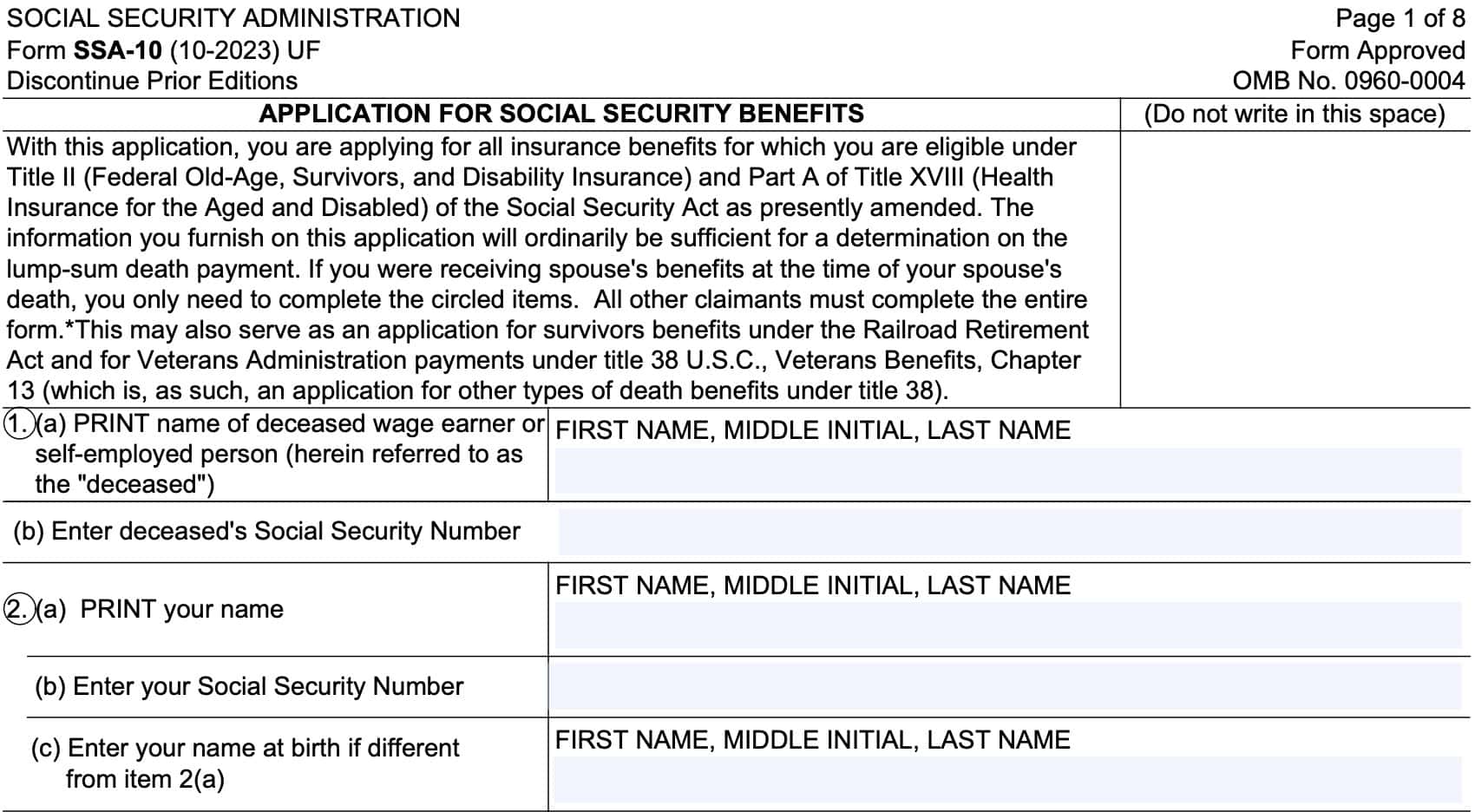 Form ssa-10, Line 1 contains the decedent's information and Line 2 contains the applicant's information