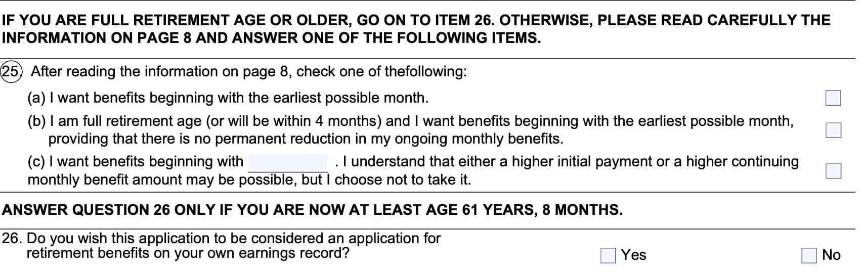 skip line 25 if you have reached FRA. Answer 26 only if you are at least 61 years and 8 months old.