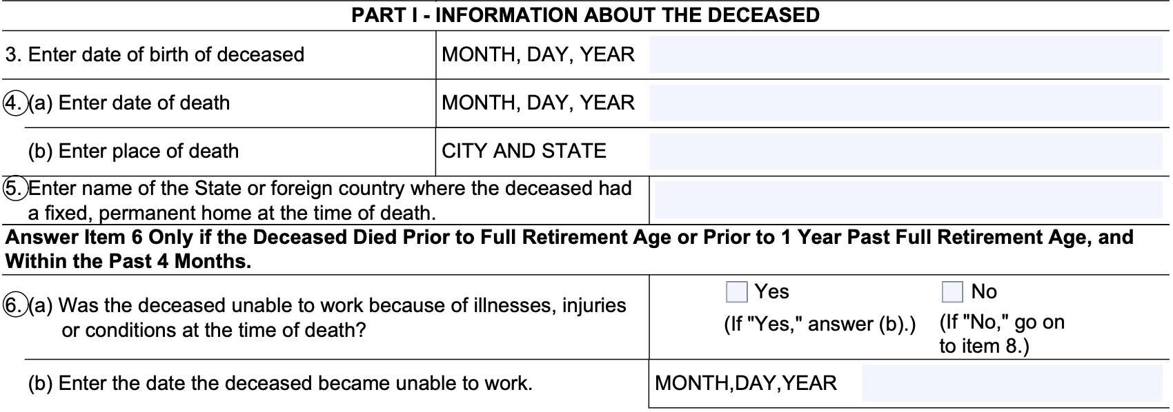 part i-information about the deceased, lines 3-6