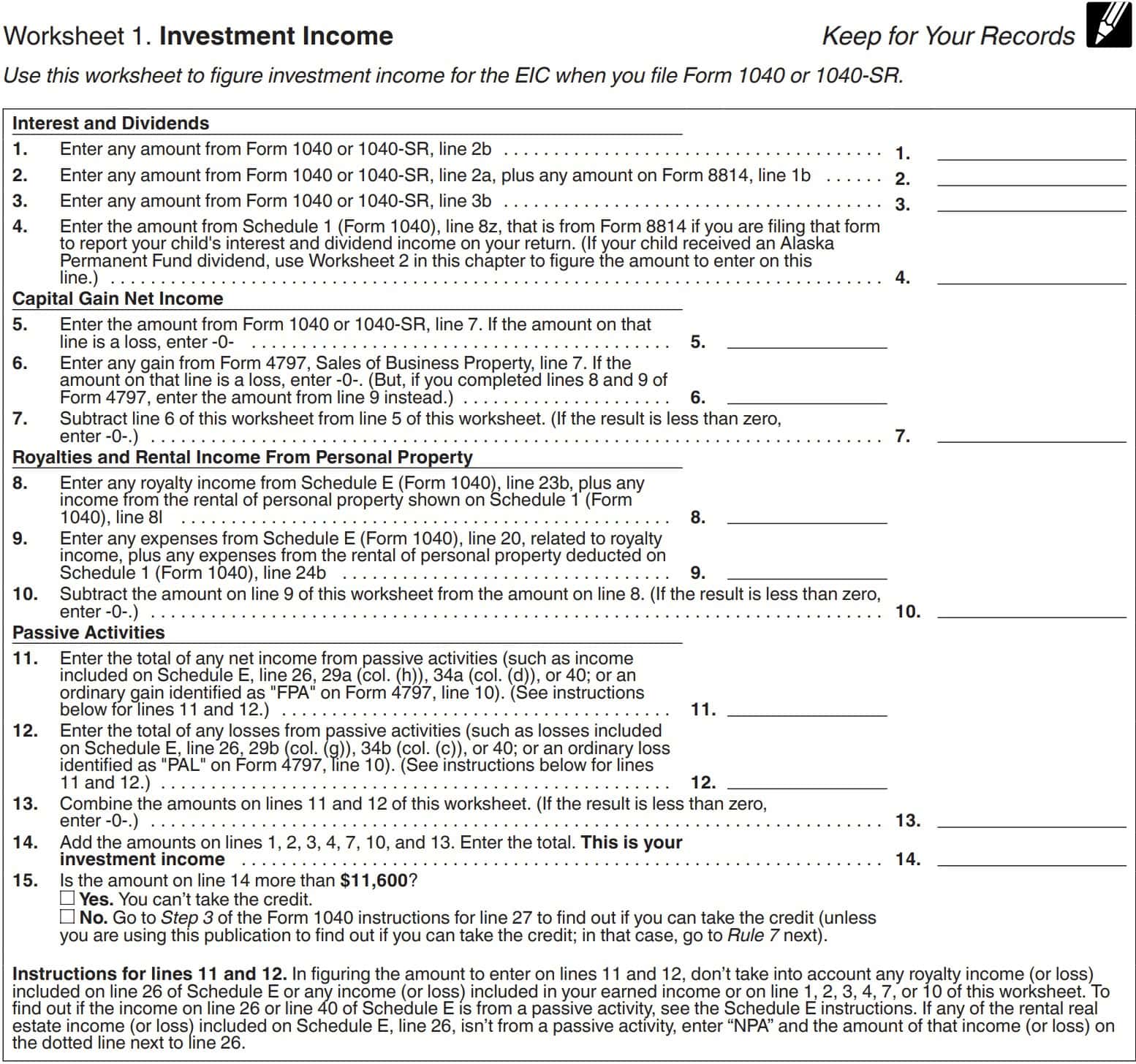 investment income worksheet for EITC purposes