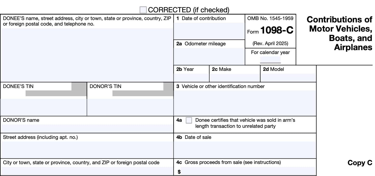 IRS Form 1098-C, item 1 through item 4c
