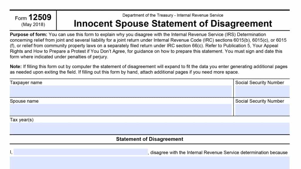 irs form 12509, innocent spouse statement of disagreement
