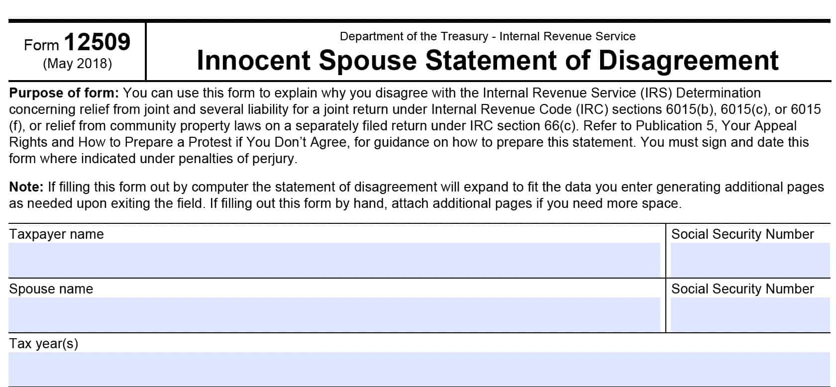 irs form 12509, taxpayer information