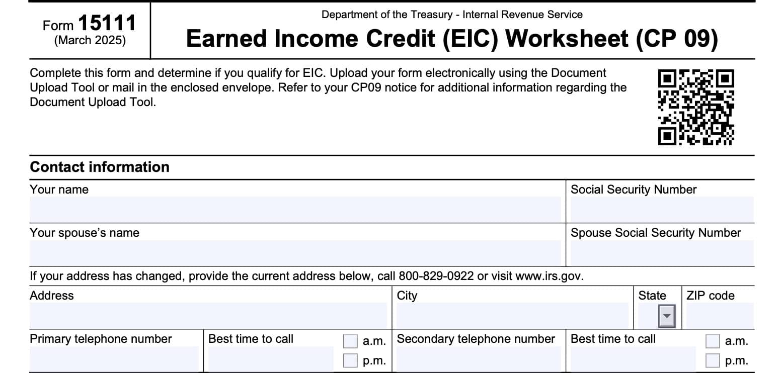 IRS Form 15111, EIC worksheet