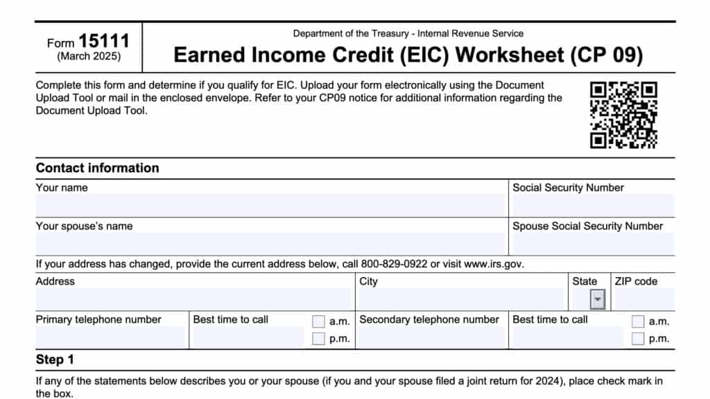 irs form 15111, earned income credit (EIC) worksheet (CP 09)