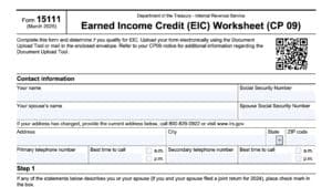 irs form 15111, earned income credit (EIC) worksheet (CP 09)