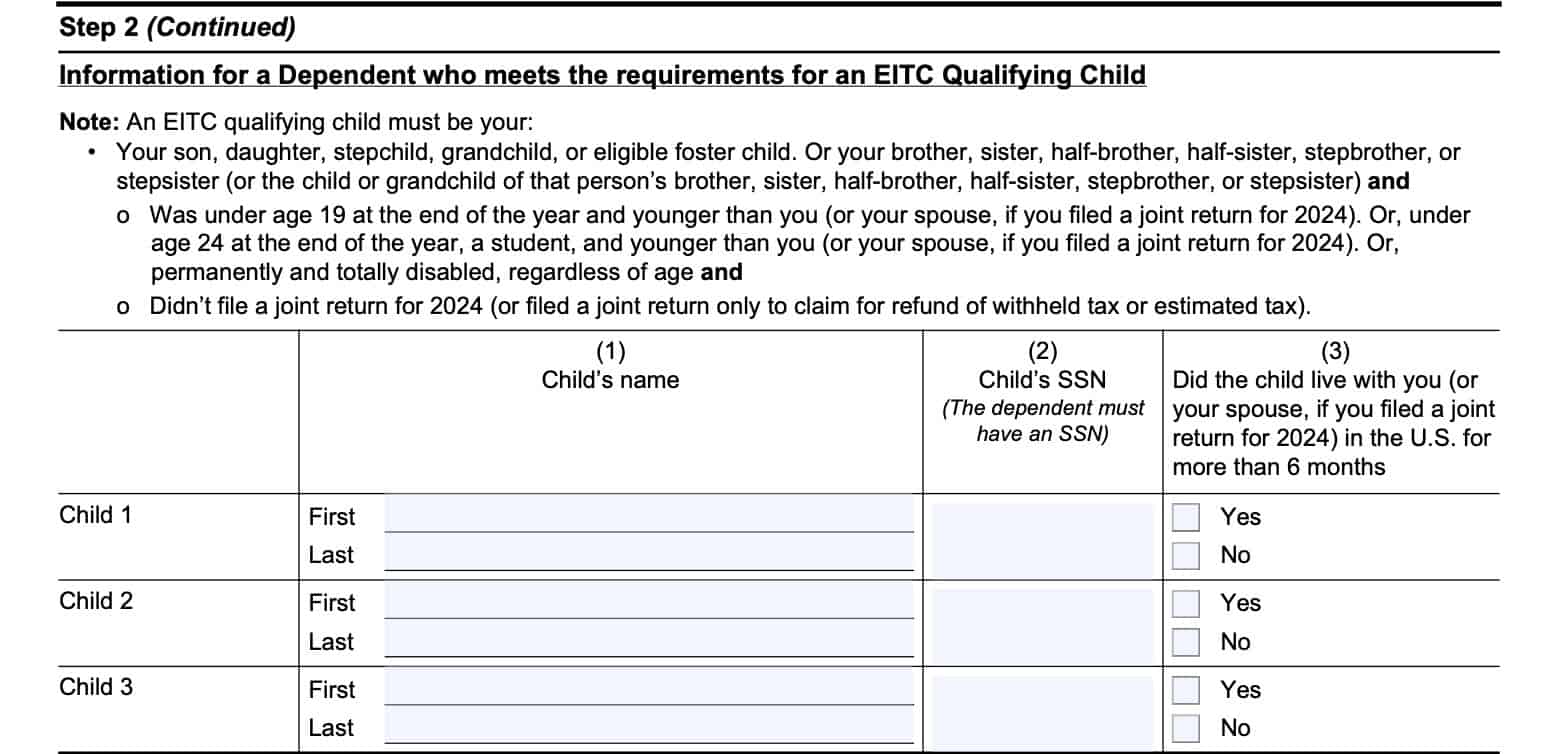 Step 2 contains information about the qualifying child(ren)