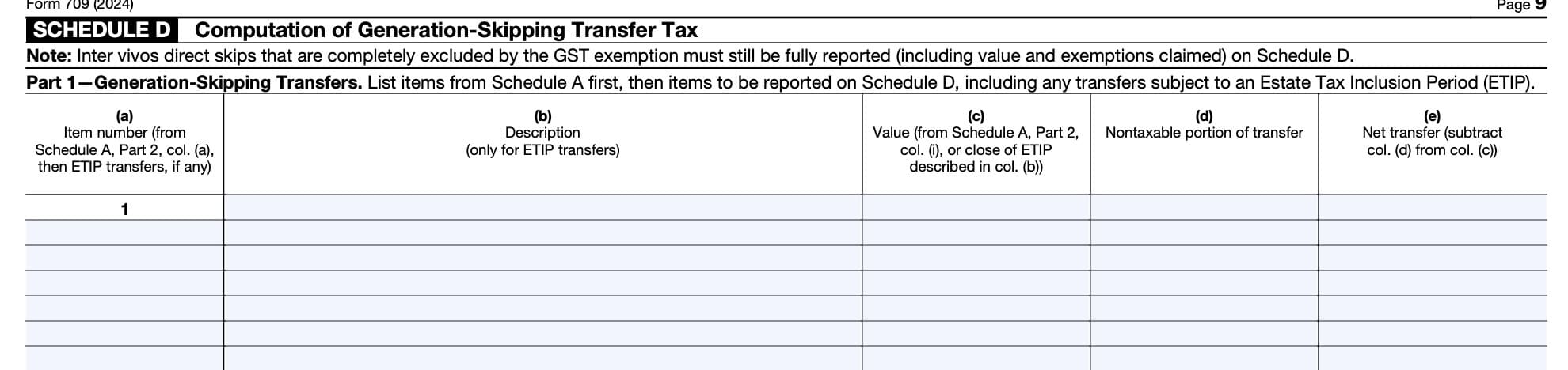 irs form 709, schedule d, computation of generation-skipping transfer tax, part 1, generation-skipping transfers