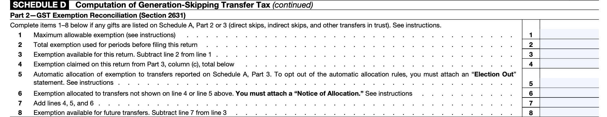 schedule d, computation of generation-skipping transfer tax, part 2, GST exemption reconciliation (section 2631)