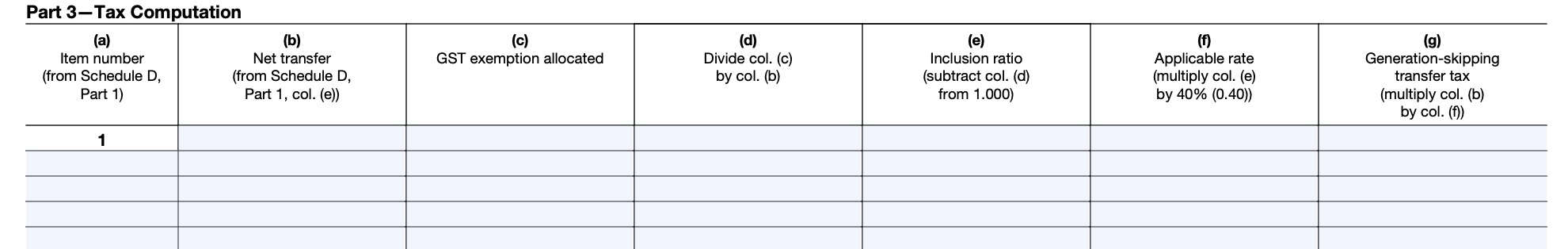 irs form 709, schedule d, computation of generation-skipping transfer tax, part 3, tax computation