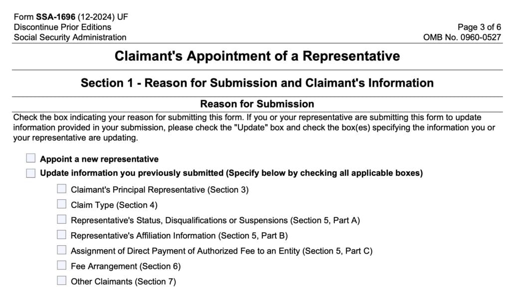 form ssa 1696, claimant's appointment of a representative