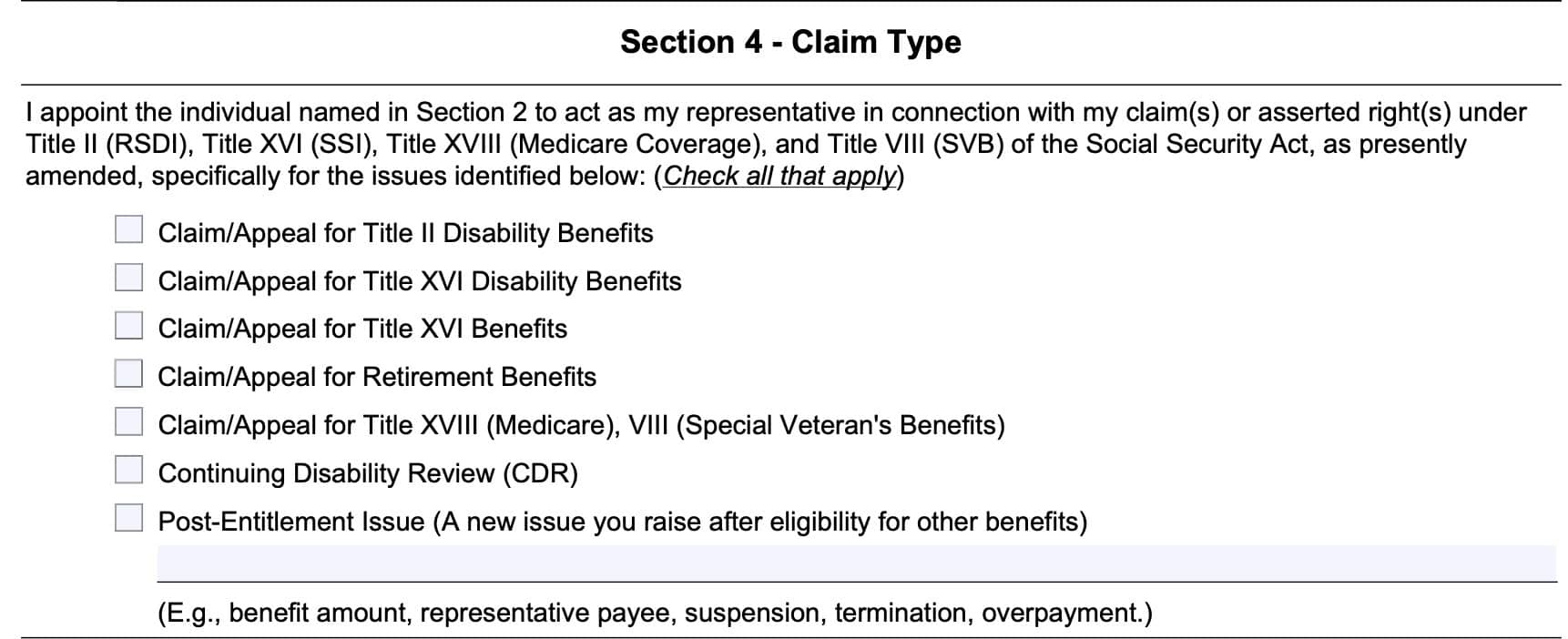 Form SSA 1696: Section 4-Claim Type