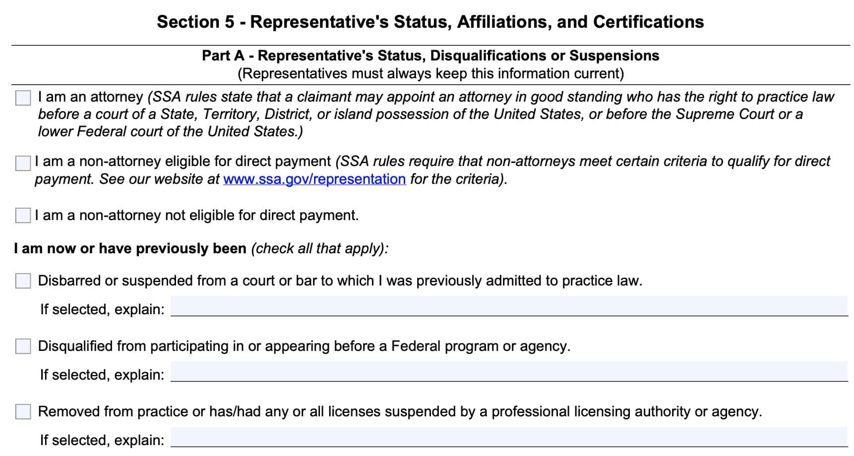 Section 5, Part a: representative's status, disqualifications, or suspensions