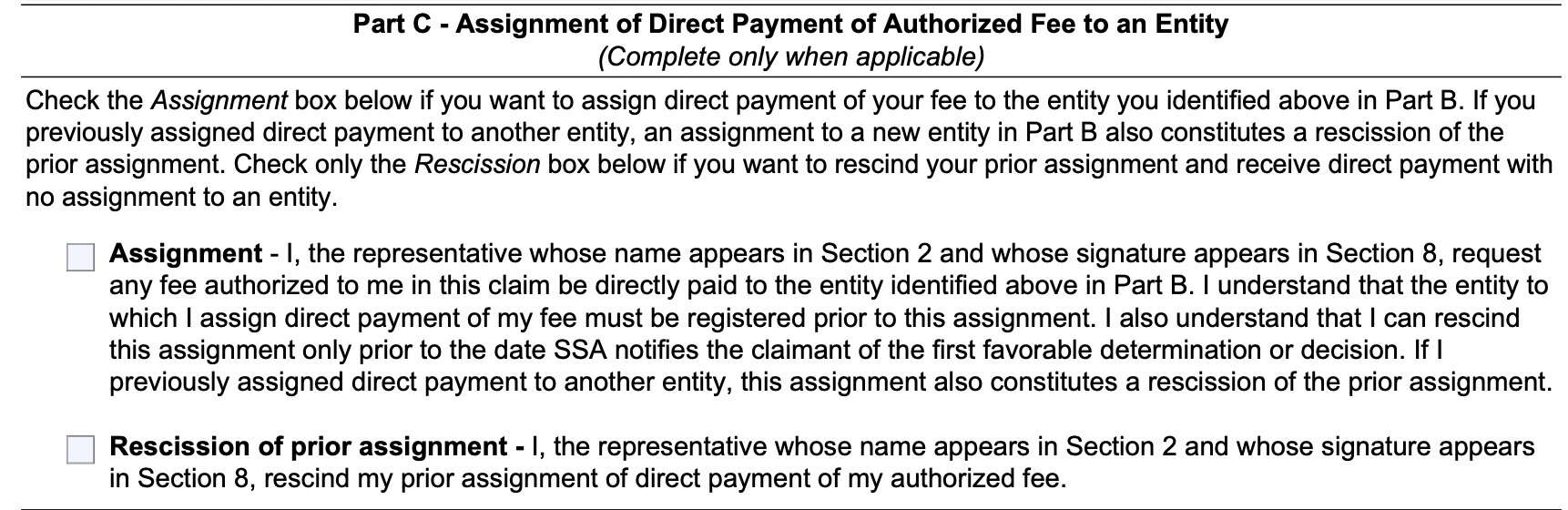 section 5, part c: assignment of direct payment of authorized fee to an entity