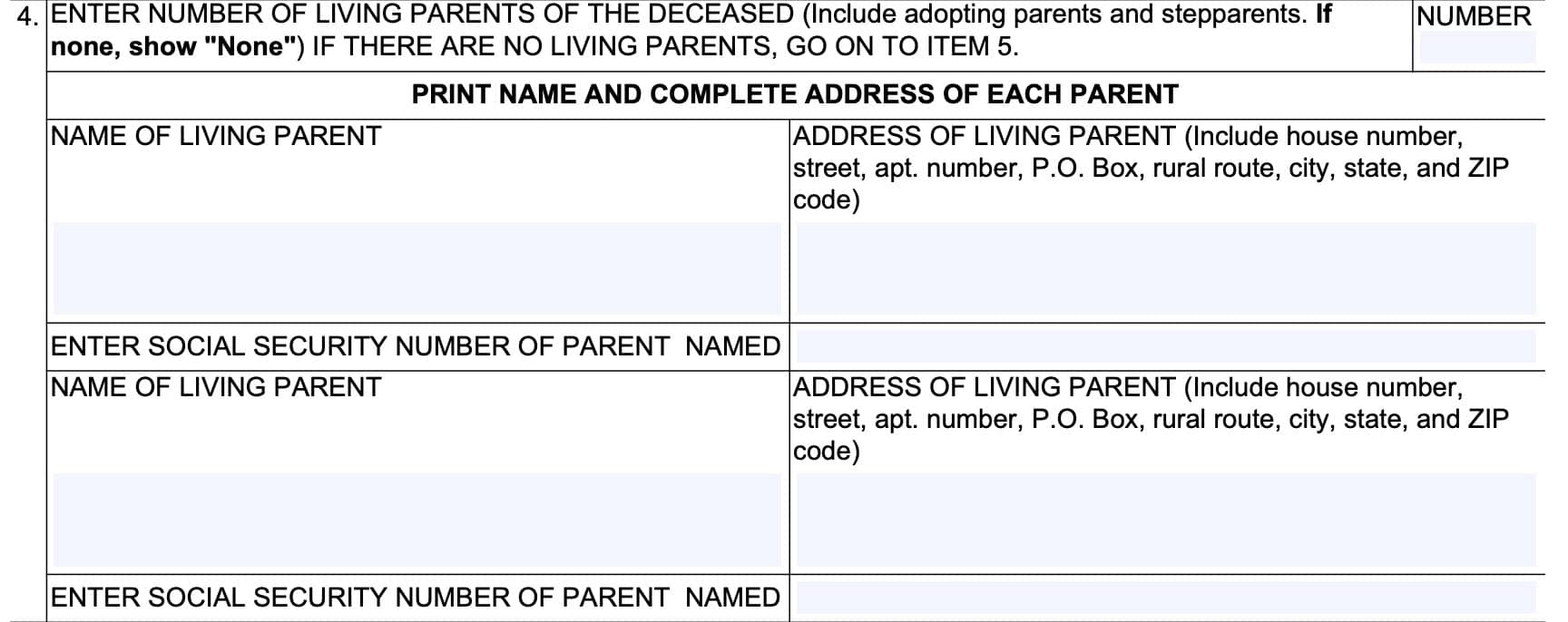 Number of living parents of the deceased