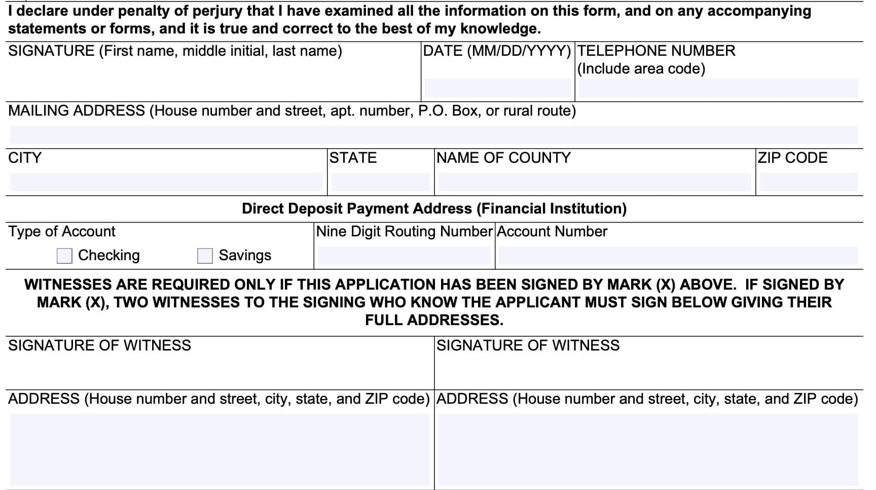 Signature of applicant and payment information