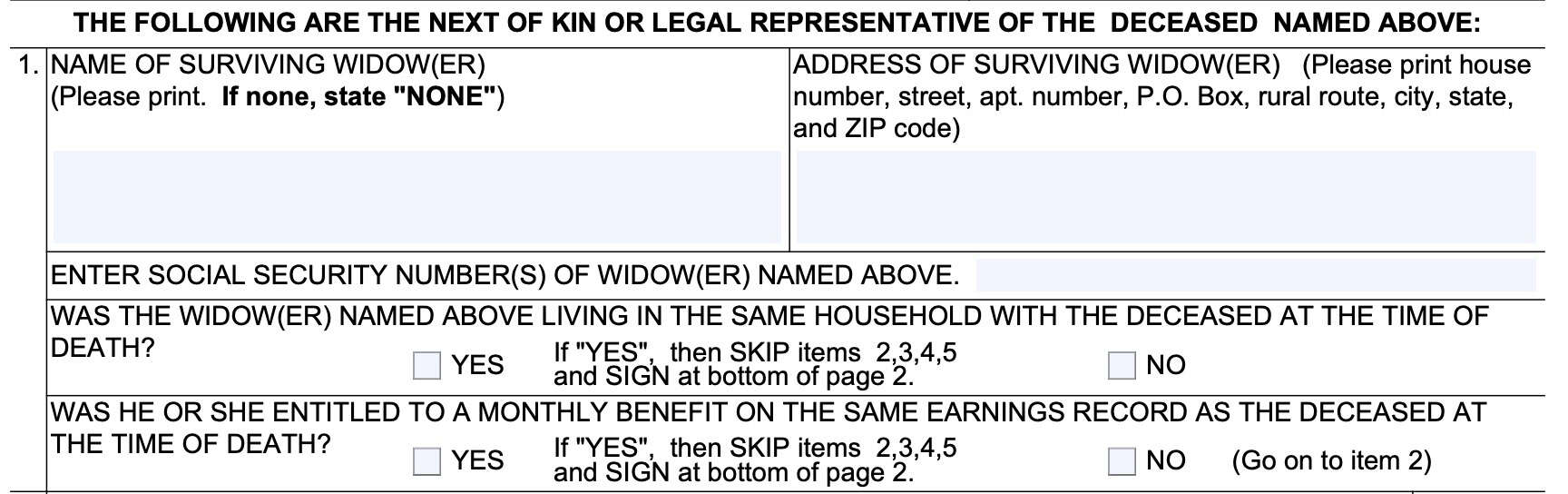 Form SSA-1724 Item 1: Surviving spouse information