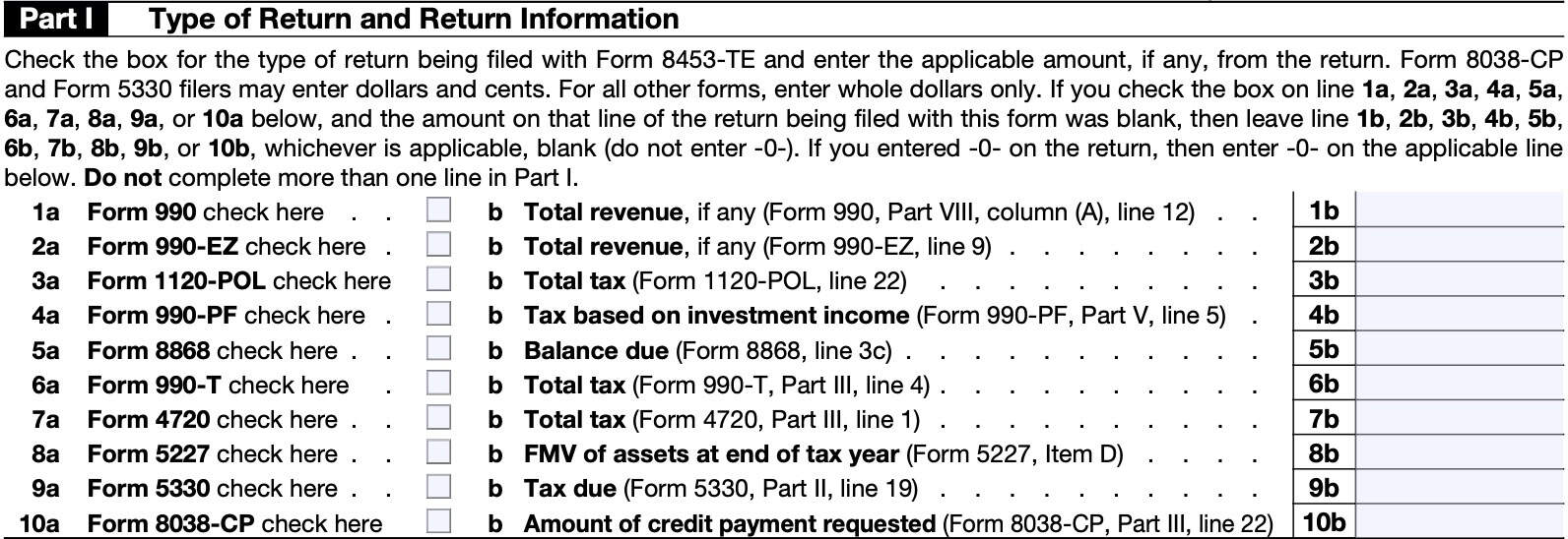 irs form 8453-te, part i: type of return and return information