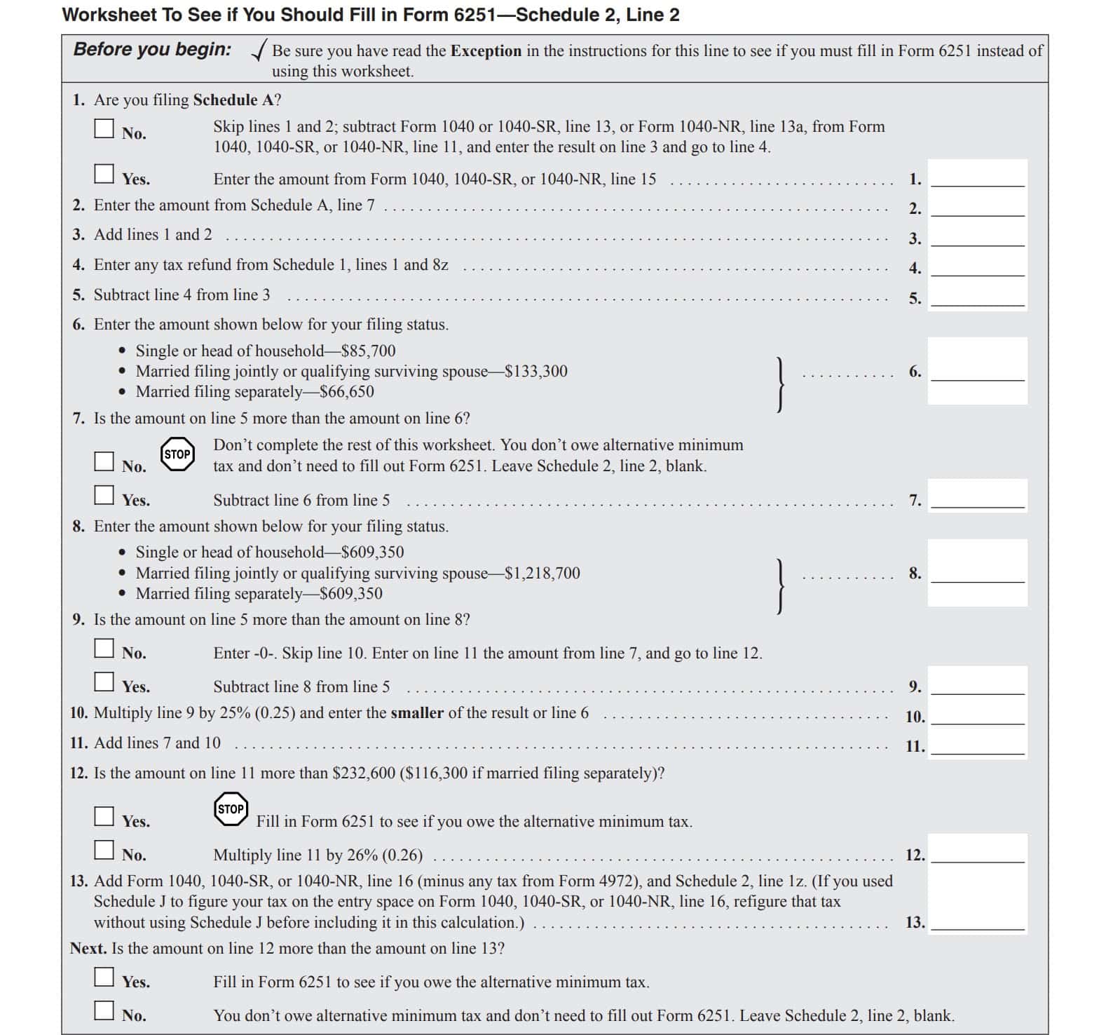 schedule 2 worksheet to determine whether you calculate AMT  
