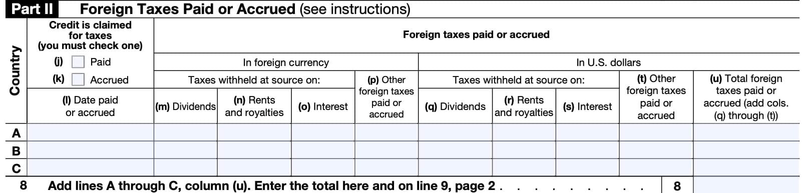 irs form 1116, part II: Foreign taxes paid or accrued
