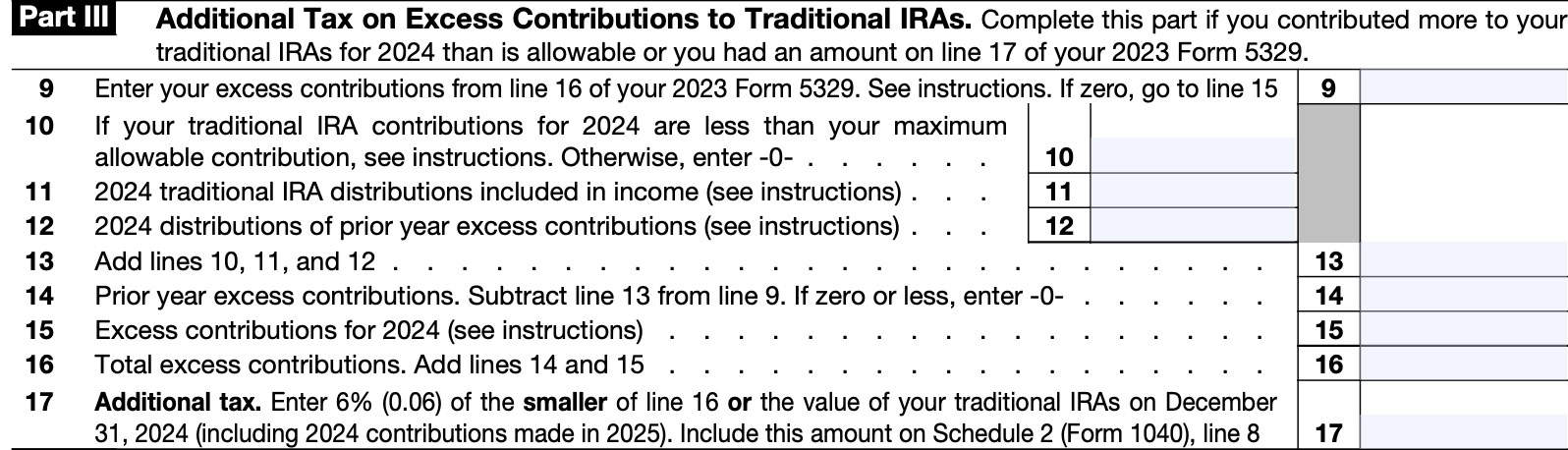 irs form 5329 part iii, additional tax on excess contributions to traditional iras  