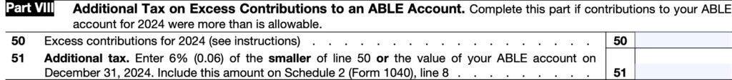 IRS Form 5329-Part VIII, There is a 6% Additional Tax on excess contributions to ABLE accounts  