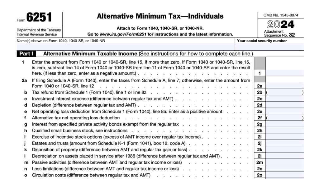 irs form 6251, alternative minimum tax-individuals