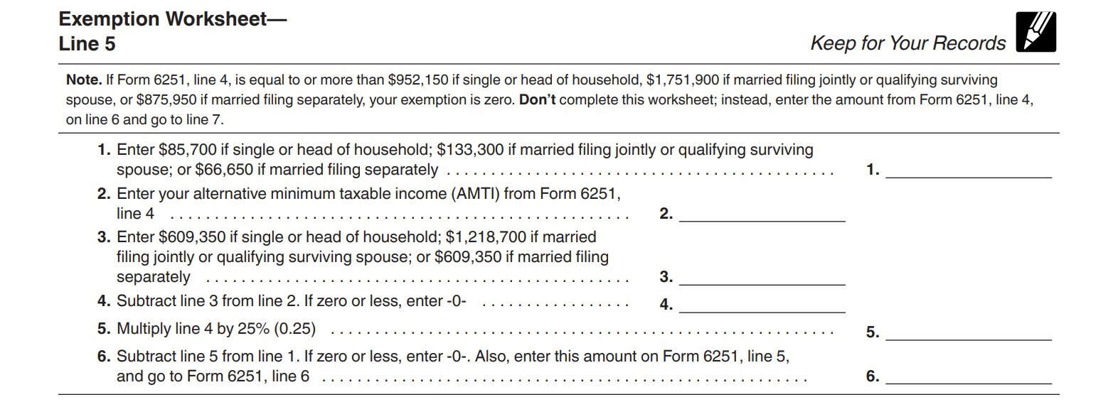 irs form 6251, line 5 exemption worksheet