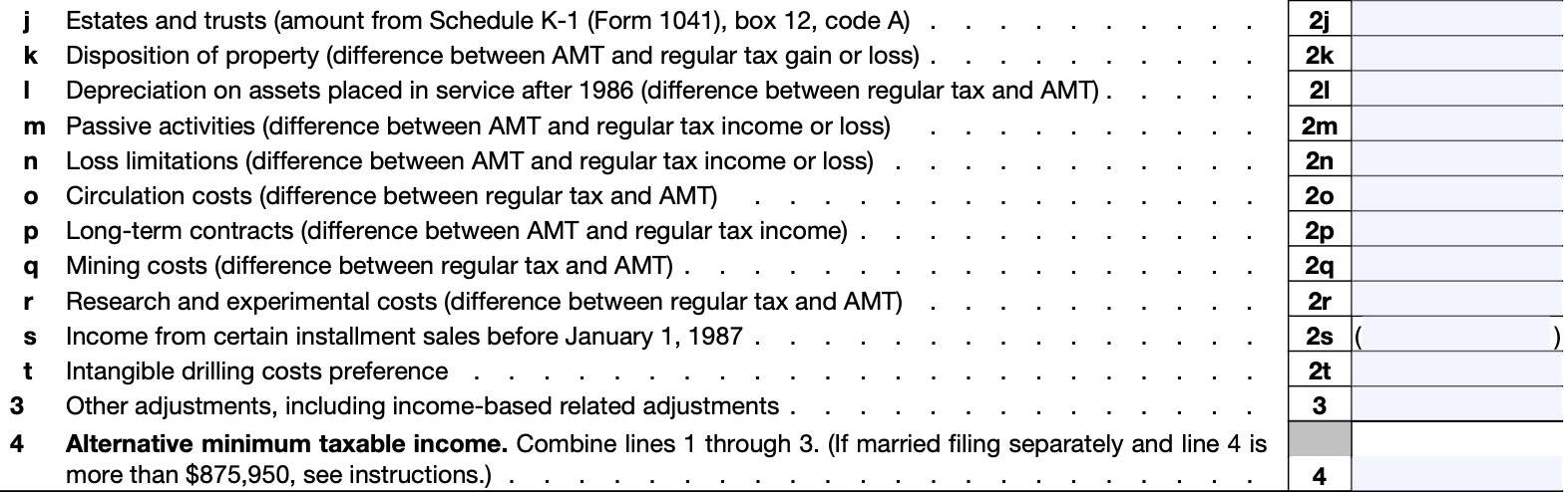 Part I continued, Lines 2j through 4