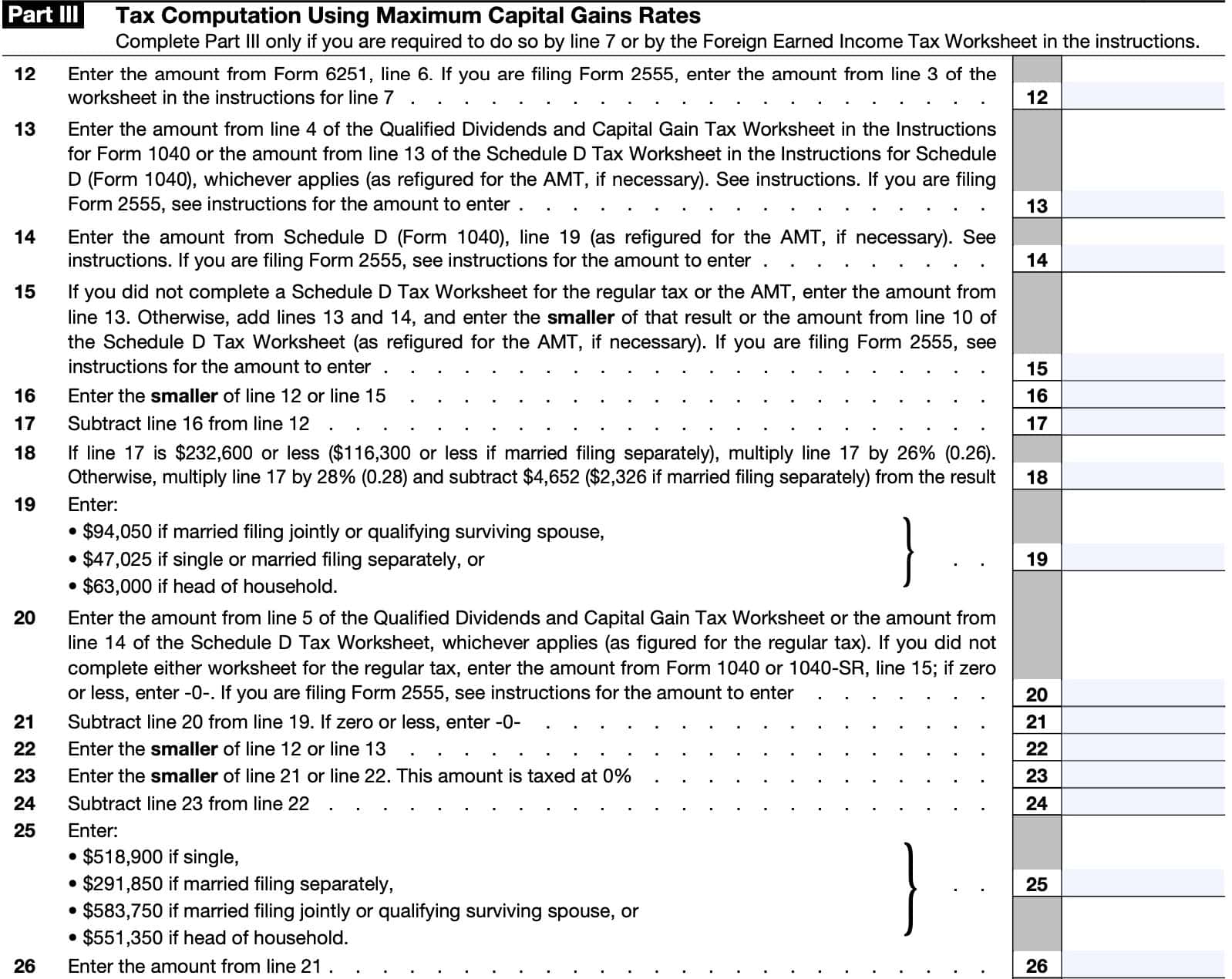 IRS Form 6251 Part III helps compute tax using maximum capital gains rates, but is not always required.  