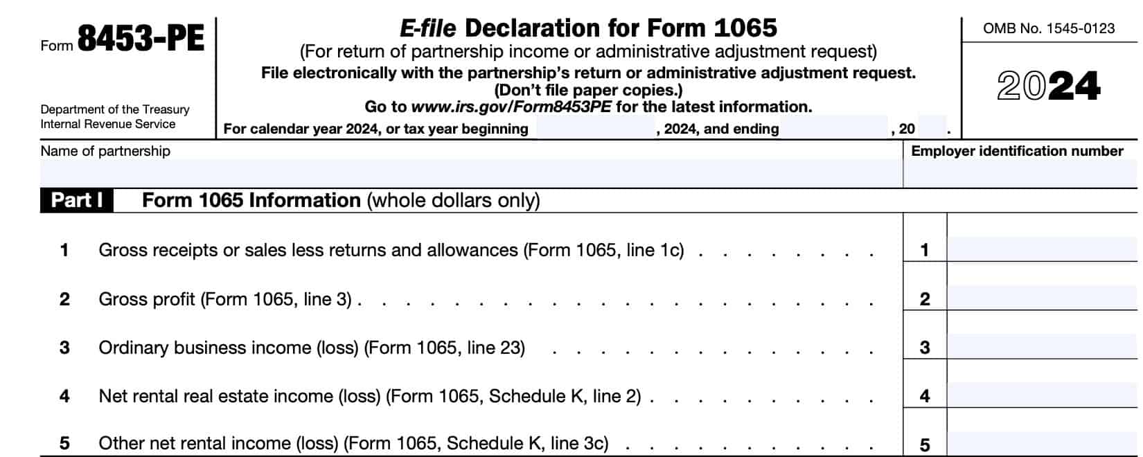 irs form 8453-pe, part 1: form 1065 information