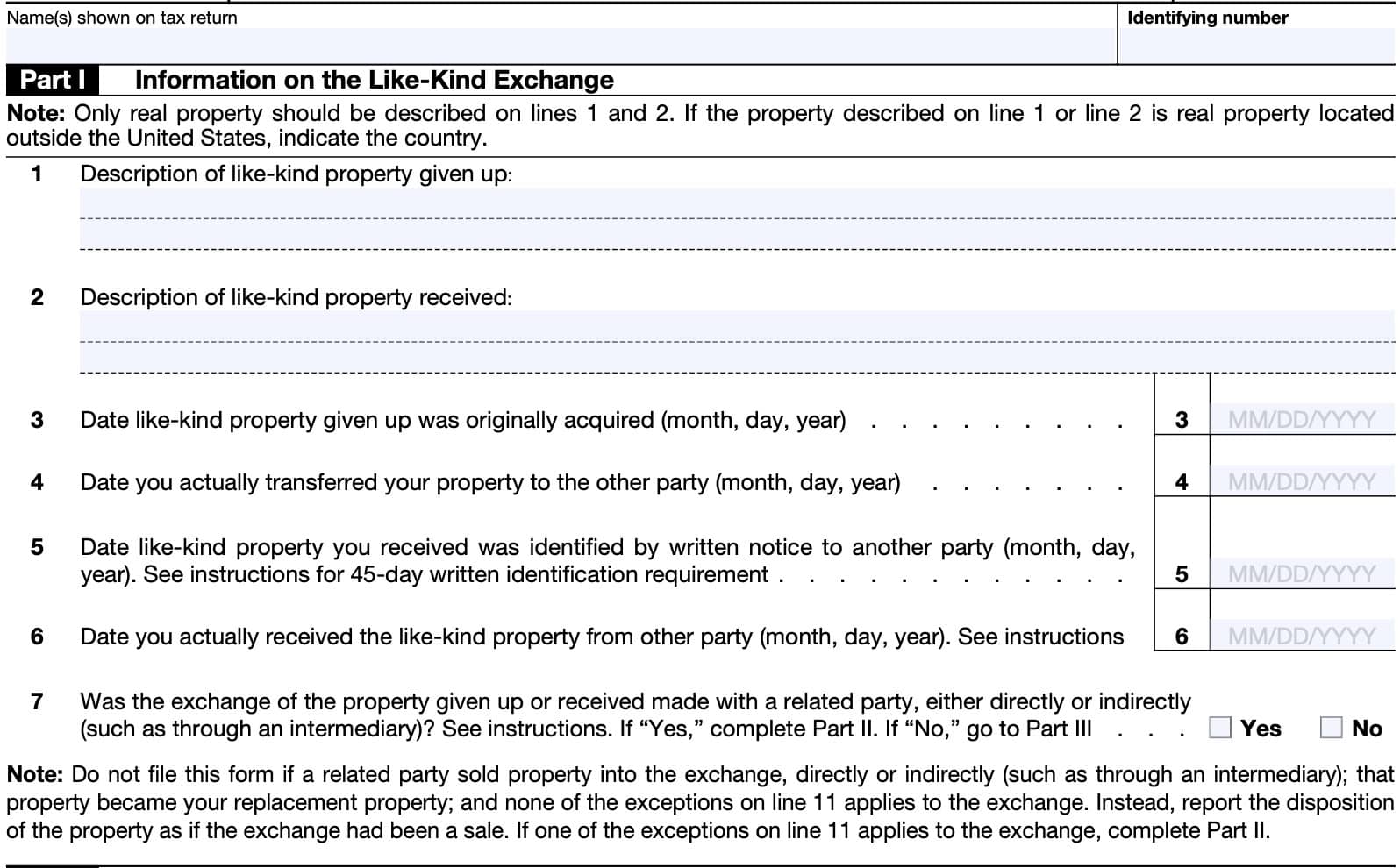 irs form 8824, part i: information on the like-kind exchange
