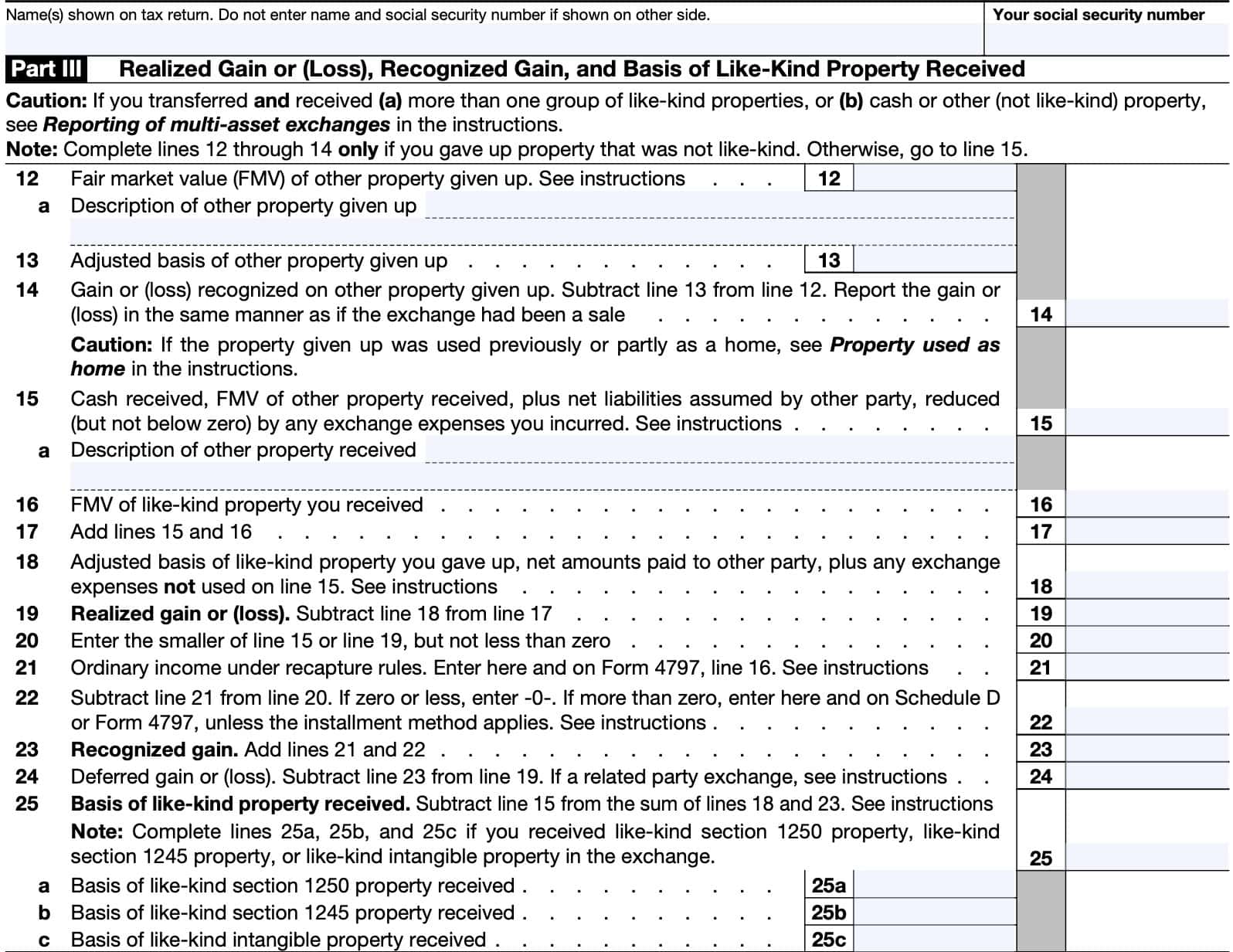 part iii: realized gain or loss, recognized gain, and basis of like-kind property received  