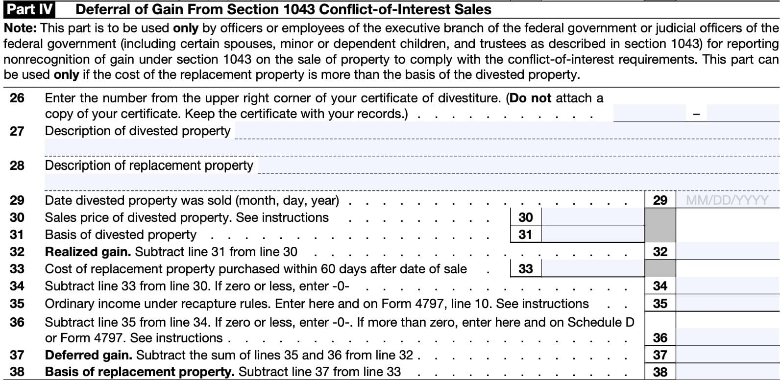 irs form 8824, part iv: deferral of gain from Section 1043 conflict of interest sales