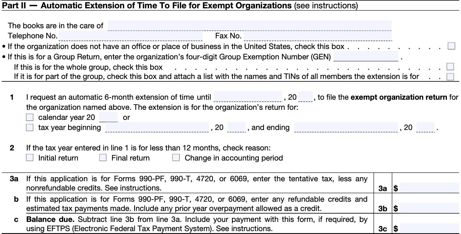 irs form 8868 part ii: automatic extension of time to file for exempt organizations