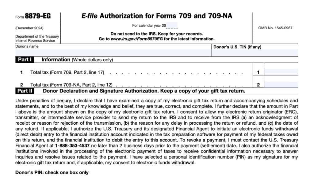 irs form 8879-eg, e-file authorization for forms 709 and 709-NA