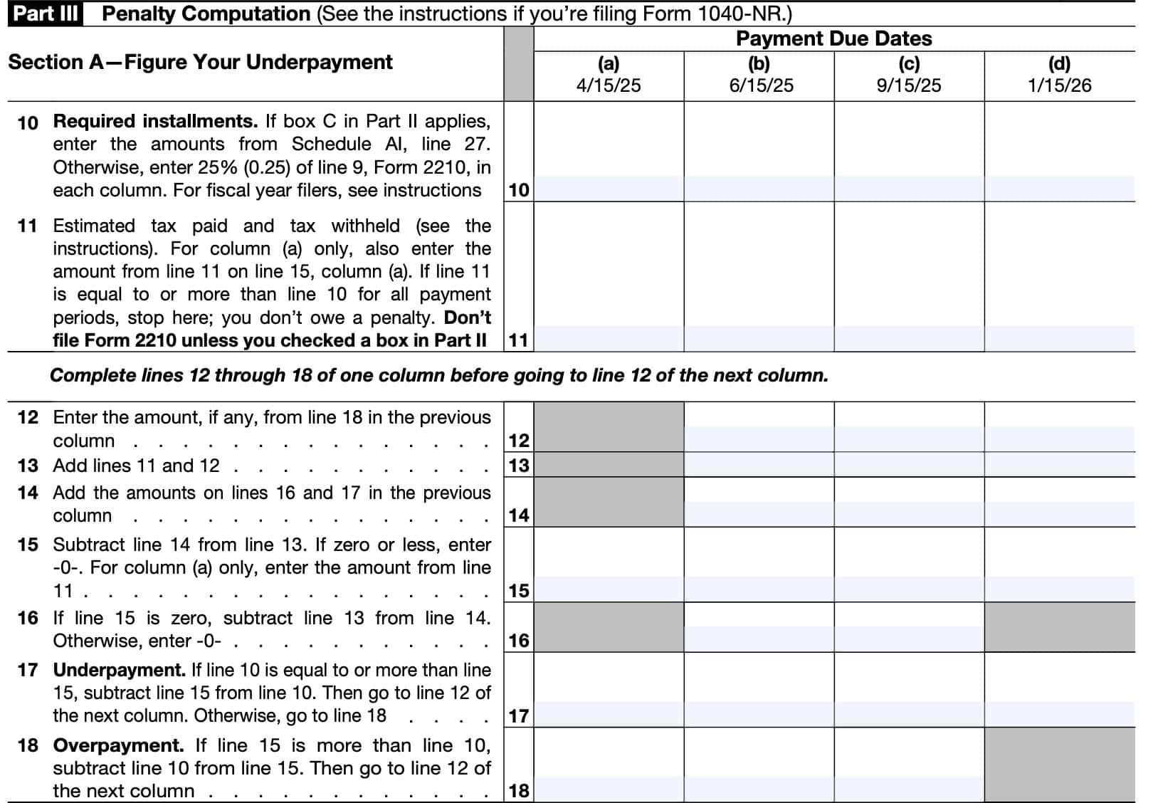 IRS Form 2210 Part III, Section A-Figure Your Underpayment
