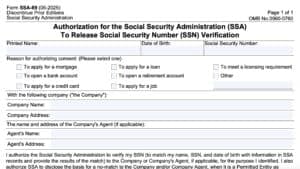 form ssa 89, authorization for the social security administration (SSA) to release social security number (SSN) verification